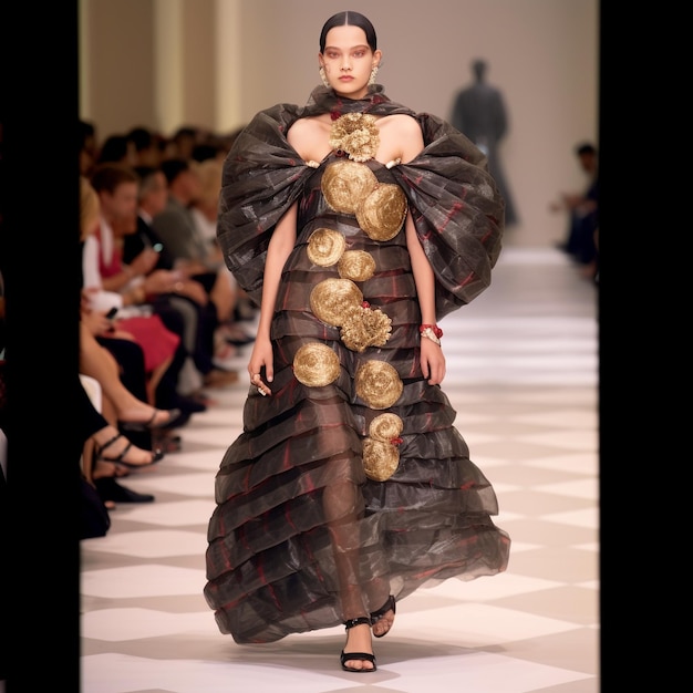 a model walks down a runway wearing a dress with a gold embroidery on it