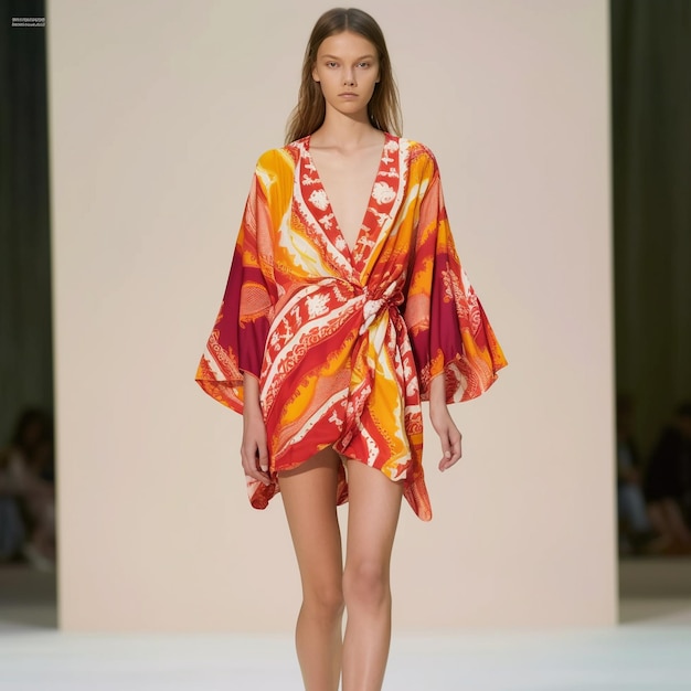 A model walks down a runway wearing a dress with a red and orange print