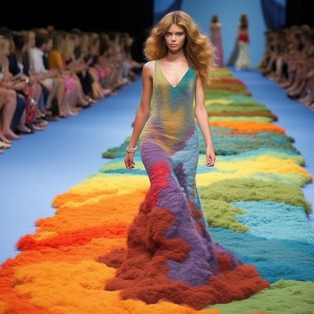 A model walks down a runway with a dress made of multicolored yarn