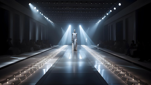 A model walks down a runway with lights on.