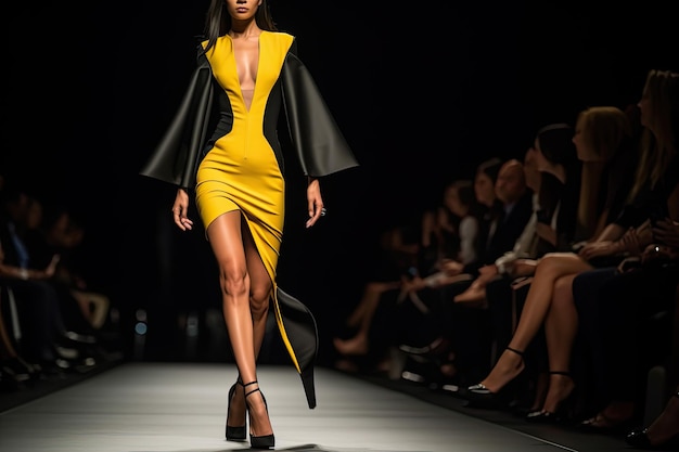 A model walks down the runway in a yellow dress