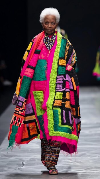 a model walks the runway wearing a colorful scarf with the word fashion on it