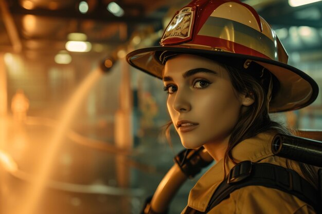 写真 モデルがホースで消防署で帽子とユニフォームを着ている