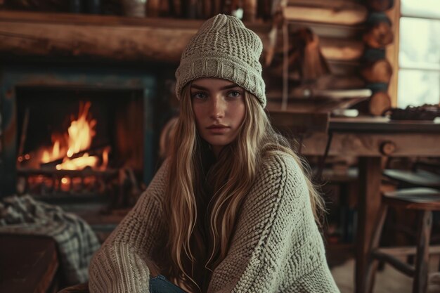 오두막이 있는 오두막에서 베니와 스웨터를 입은 모델