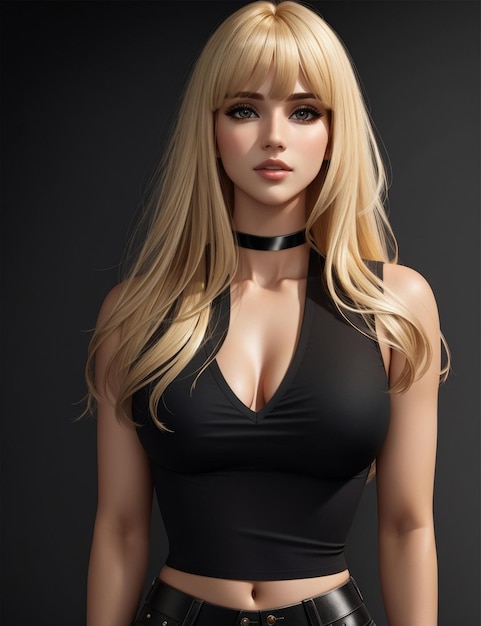 A model wearing a black dress with a black belt