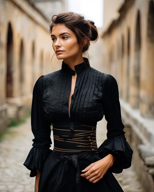 model wearing a black dress with a long braided skirt