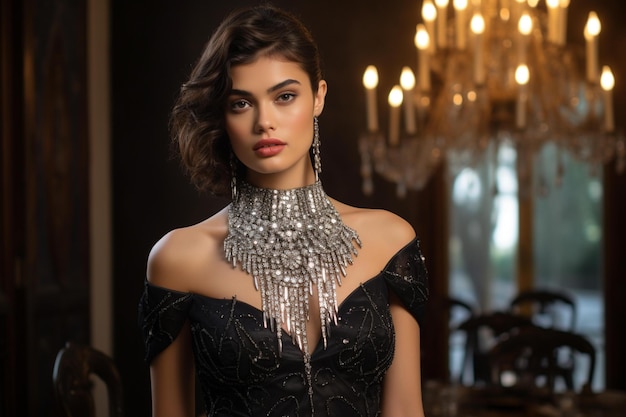 Model wearing a black lace dress with silver beaded earrings