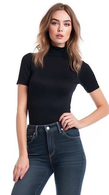 A model wearing a black top with a blue button that says't'on it