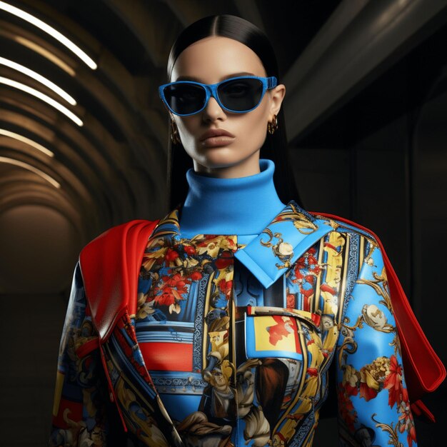 A model wearing a blue and red jacket and sunglasses.