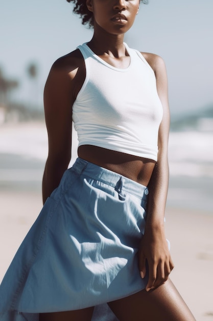 A model wearing a blue skirt and white tank top stands on a beach.