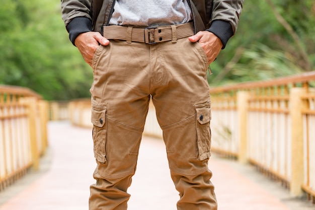 Model wearing cargo pants or cargo trousers 