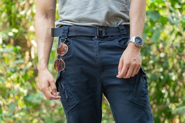 Model wearing cargo pants or cargo trousers.