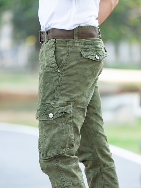 Model wearing cargo pants or cargo trousers.