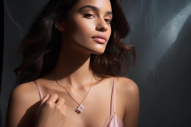 a model wearing a diamond pendant for a brand of jewelry