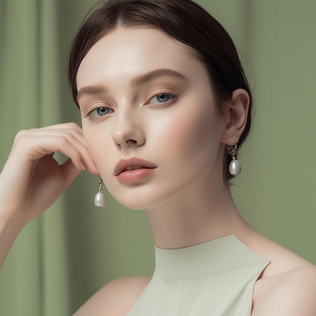 a model wearing a dress with earrings and a necklace.