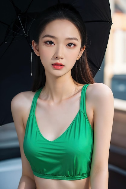 a model wearing a green shirt and a red lipstick