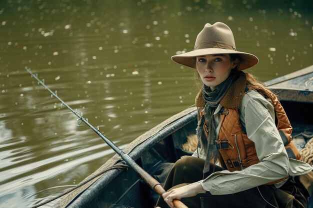 Photo model wearing a hat and a vest in a fishing boat with a rod