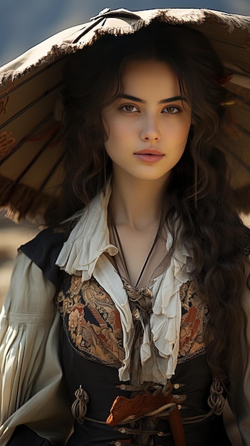 a model wearing a hat with a parasol on it.