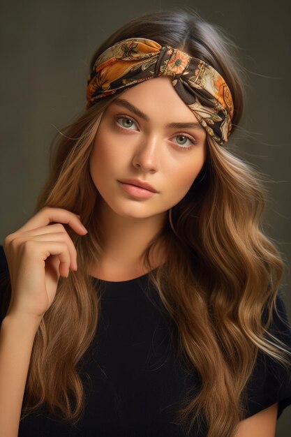 A model wearing a headband with a leaf pattern on it