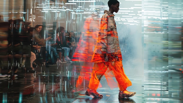 A model wearing an orange jumpsuit walks down a runway that is reflecting city lights