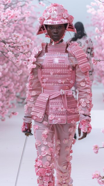 Photo a model wearing a pink samurai armor with cherry blossoms