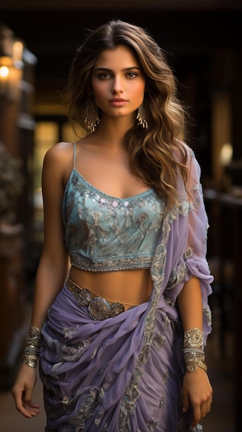 Model wearing a purple sari with a purple skirt and a blue top.