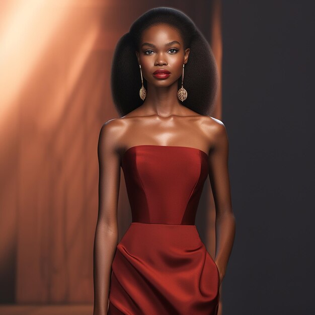 A model wearing a red dress with a gold tassel on the front.