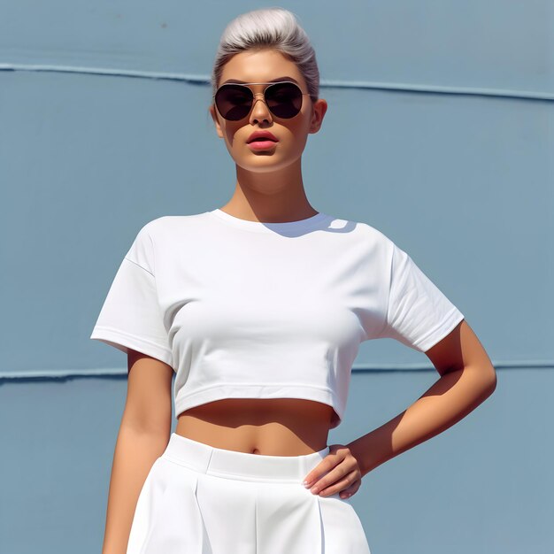 model wearing short cropped Tee sunglasses mockup clothes beautiful model