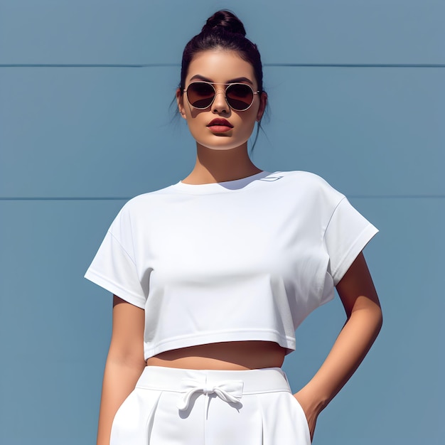 Photo model wearing short cropped tee sunglasses mockup clothes beautiful model