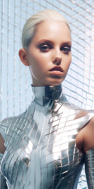 a model wearing a silver neck tie and neck tie