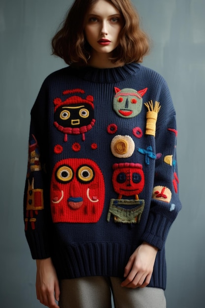 A model wearing a sweater with cartoon characters on it ai