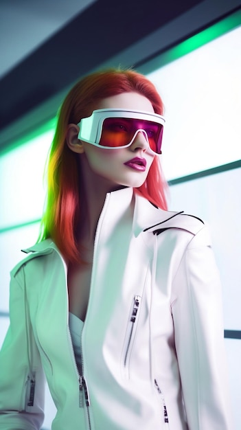 A model wearing a white jacket and white goggles