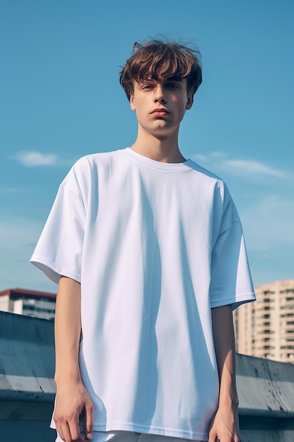 model wearing a white oversized tshirt