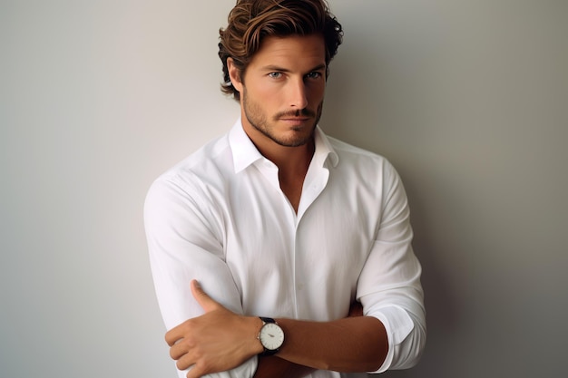 Model wearing white shirt standing in a studio with his arm crossed and showing his wrist white textured background daylight