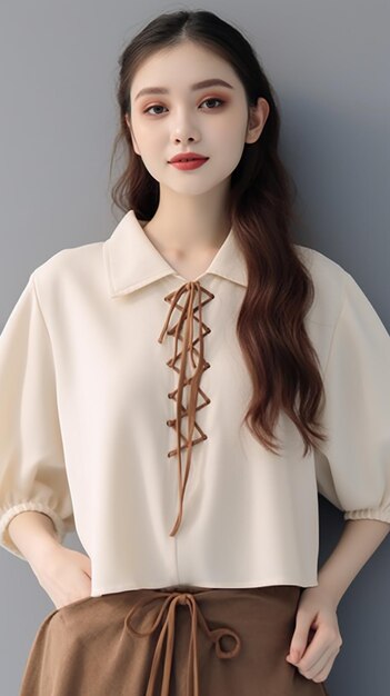 A model wearing a white shirt with a brown ribbon around the neck