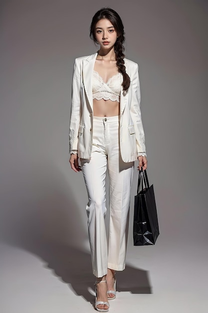 흰색 슈트와 흰색 셔츠, 검정색 가방을 입은 모델.