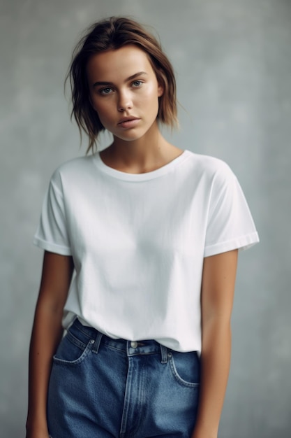 Model wearing a white t - shirt and jeans