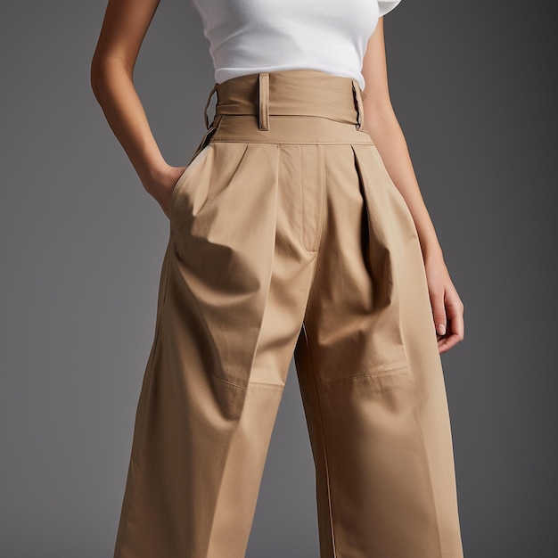 a model wearing a white top with a white top and a pair of trousers.