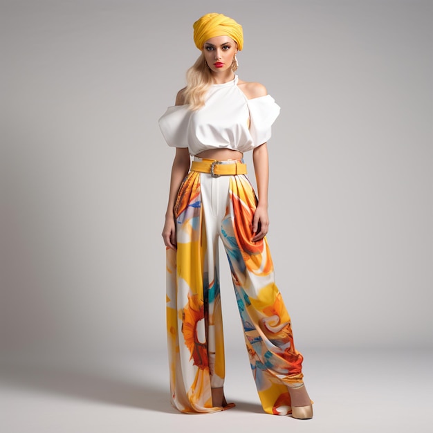 A model wearing a yellow turban and a white top with a floral skirt