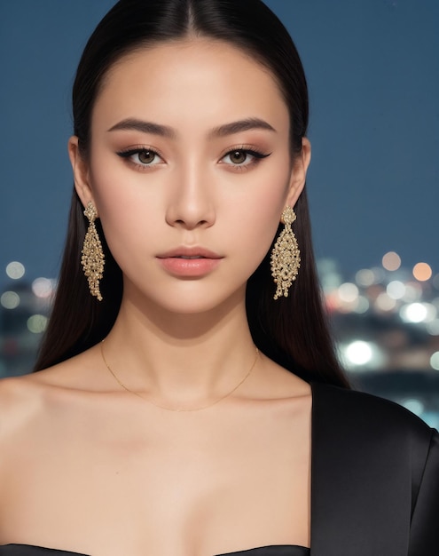 A model wears a black dress with gold accents and a gold drop earrings.