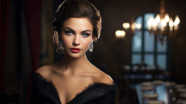 a model wears a black dress with a red lip and a red lip.