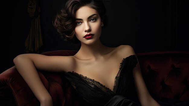 a model wears a black dress with a red lip and red lipstick.