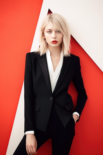 A model wears a black suit and white shirt with the word love on it.
