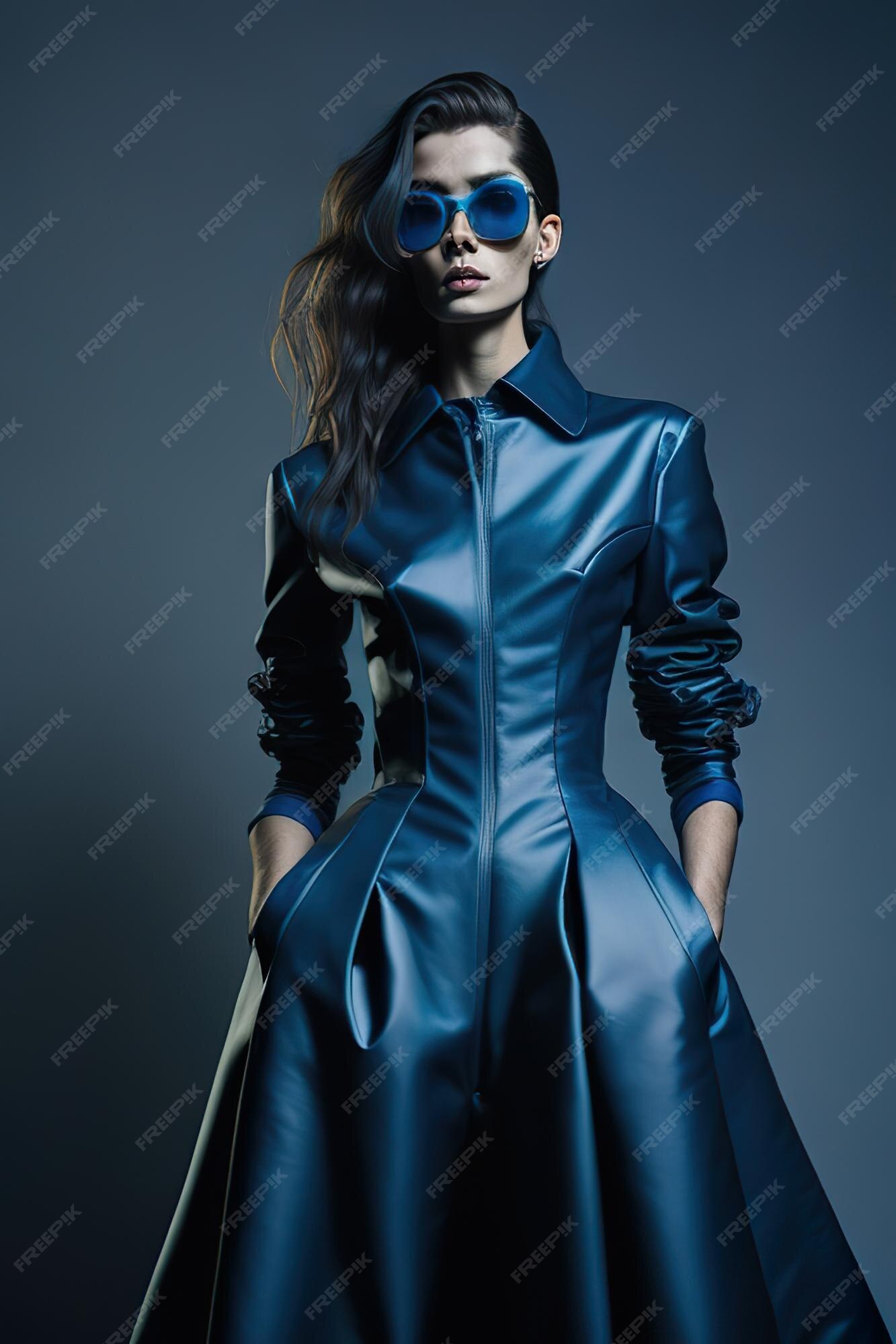 Premium Photo A model wears a blue dress with a black belt and a blue