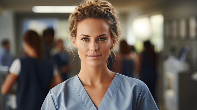 a model wears a blue dress with a blonde hairdo