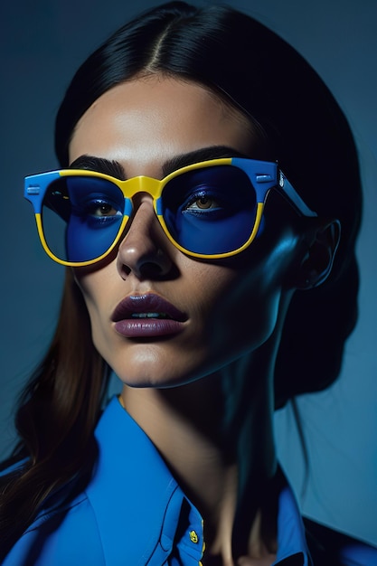 모델은 파란색 셔츠와 파란색 밴드가 있는 노란색 안경을 착용합니다.