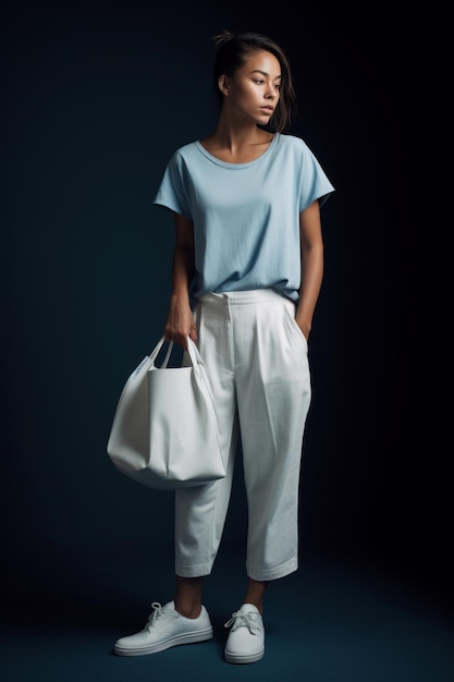 A model wears a blue top and white pants with a white bag.