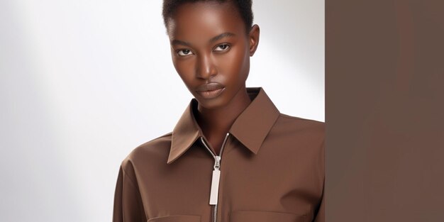 モデルは新しいコレクションの茶色のシャツを着ています。