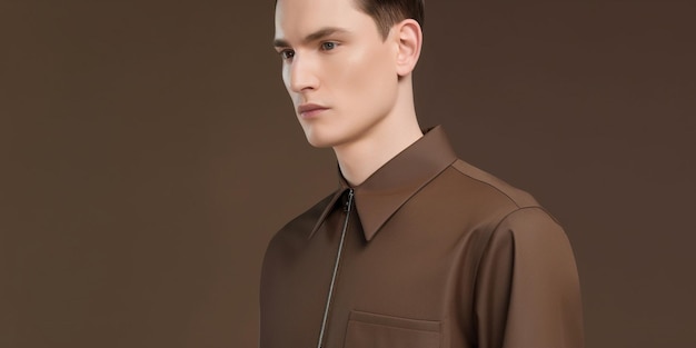 A model wears a brown shirt with a collar and collar with a button down the front.