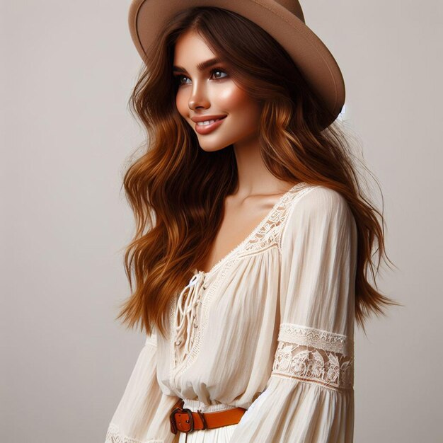 model wears camel color hat with bohemian costume